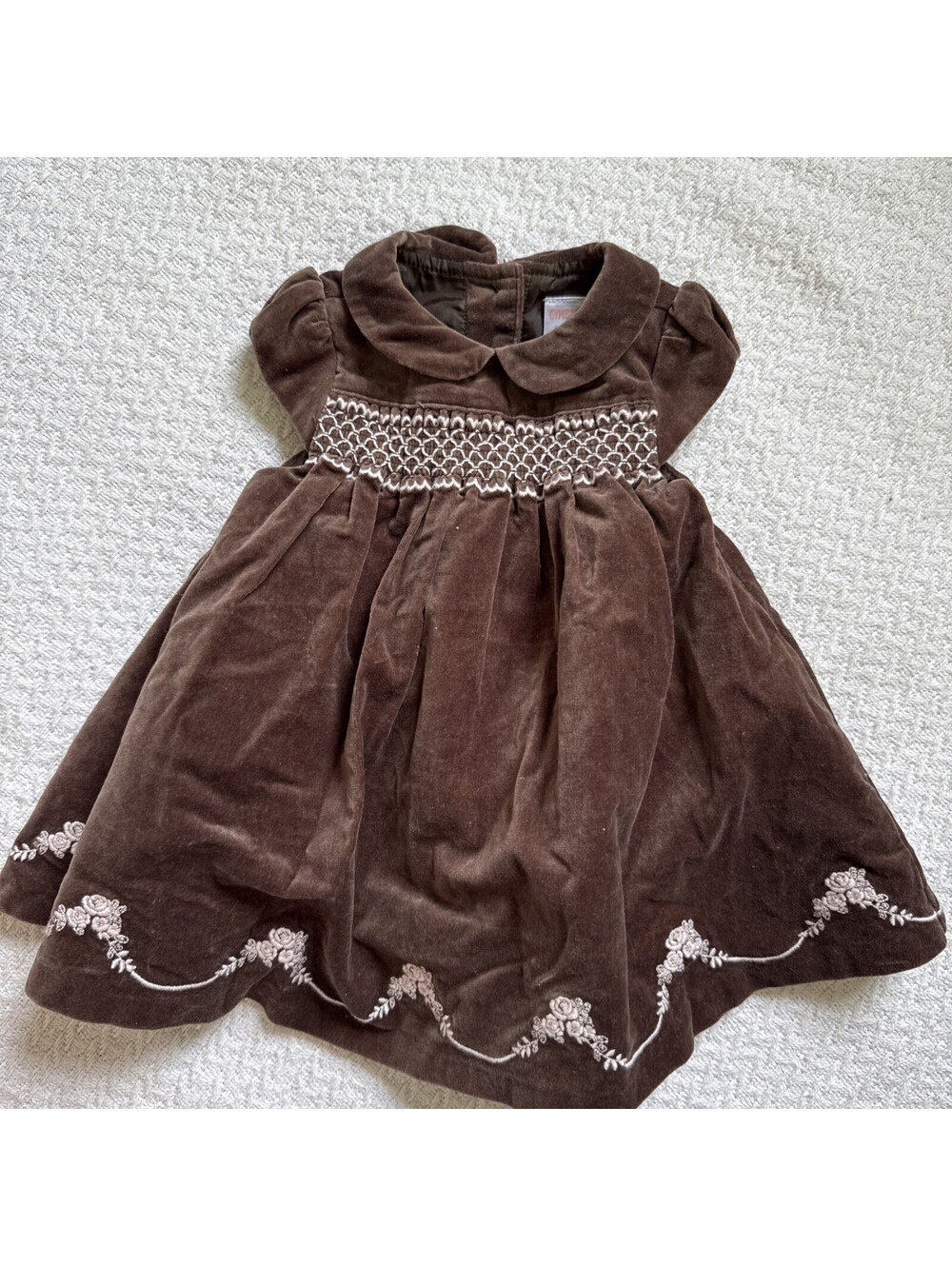 Gymboree 2009 Teddy Bear Line Smocked Embroidered Brown Dress Velvet 0-3m